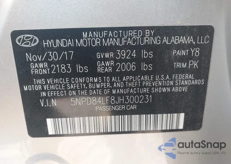 2018 Hyundai Elantra Sel z USA, uszkodzony, nr VIN 5NPD84LF8JH300231